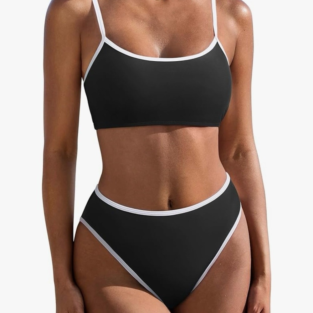 High Waisted 2 Piece Bikini Set Cheeky High Cut Bandeau Swimsuit Black & White